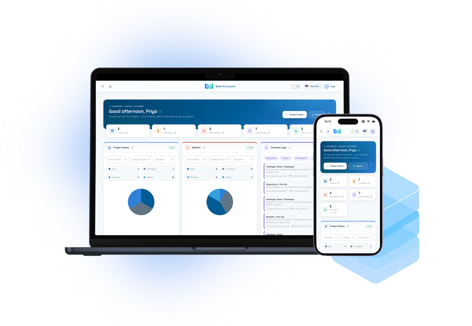 The SmartCompaire dashboard on a laptop and a phone: projects, defects and variance logs at a glance
