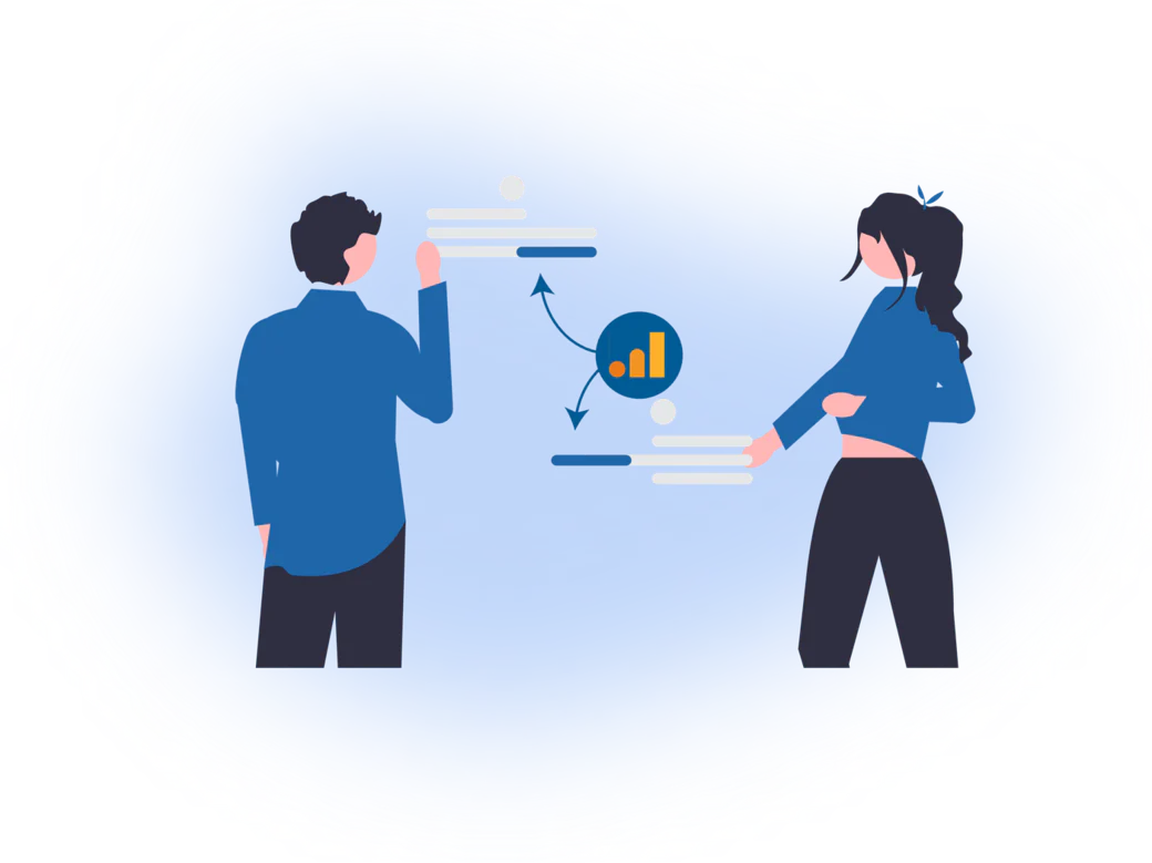 Two people reviewing a comparison
